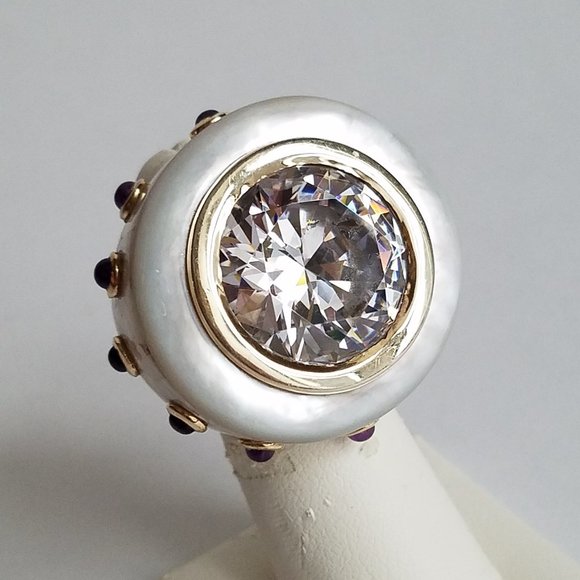 Angelique De Paris 18k Gold Plated Ring with Zircon & Mother of Pearl Size 5 - Picture 2 of 12